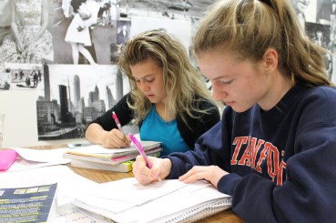 Juniors Emeila Gendreau and Marelie Vorster attend a study session Sunday morning to prepare for the A.P. U.S. History test. 